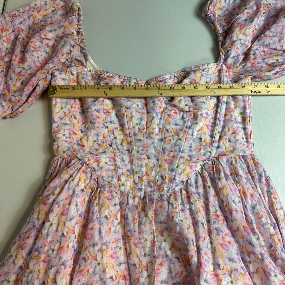 BARDOT Kiah Colorful Floral Cottagecore Corset Puff Sleeve Mini Dress Size Large - Picture 9 of 11